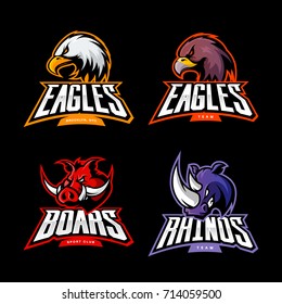 Furious eagle, boar, rhino vector logo concept set isolated on black background. Street wear mascot sport team badge design. Premium quality wild animal emblem t-shirt tee print illustration.