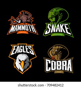 Furious eagle, cobra, snake and mammoth sport vector logo concept set isolated on black. Street wear mascot team badge design. Premium quality wild animal emblem t-shirt tee print illustration.