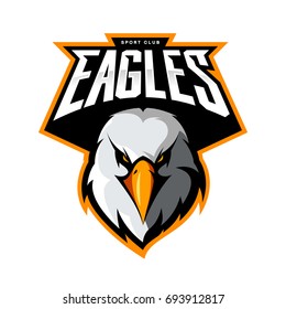 Furious eagle head athletic club vector logo concept isolated on white background. Modern sport team mascot badge design. Premium quality bird emblem t-shirt tee print illustration.