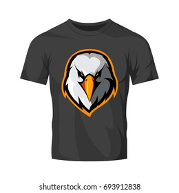 Furious eagle head athletic club vector logo concept isolated on black t-shirt mockup. Modern sport team mascot badge design. Premium quality wild bird emblem t-shirt tee print illustration.