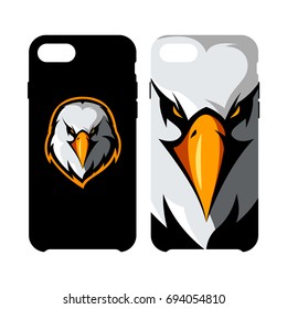 Furious eagle head athletic club vector logo concept isolated on smart phone case. Modern sport team mascot badge design. Premium quality wild bird emblem cell phone cover illustration.