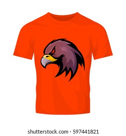 Furious eagle head sport vector logo concept isolated on orange t-shirt mockup. Modern professional team badge design. Premium quality wild bird t-shirt tee print illustration.