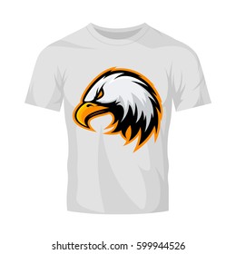 Furious eagle head sport vector logo concept isolated on white t-shirt mockup. Modern angry predator professional team badge design. Premium quality wild bird t-shirt tee print illustration.
