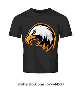 Furious eagle head sport vector logo concept isolated on black t-shirt mockup. Modern angry predator professional team badge design. Premium quality wild bird t-shirt tee print illustration.