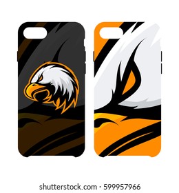 Furious eagle head sport vector logo concept smart phone case isolated on white. Modern angry predator professional team badge design. Premium quality wild bird artwork cell phone cover illustration.
