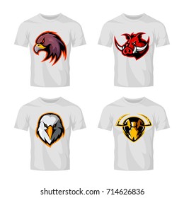 Furious eagle, hornet, boar vector logo concept on white t-shirt mockup. Street wear mascot sport team badge design set. Premium quality wild animal and bird emblem tee print illustration.