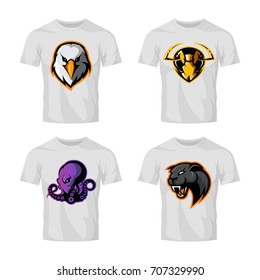 Furious eagle, hornet, octopus and panther sport vector logo concept set isolated on white. Street wear mascot team badge design. Premium quality wild animal emblem t-shirt tee print illustration.