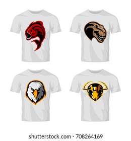 Furious eagle, hornet, piranha and dinosaur sport vector logo concept set isolated on white. Street wear mascot team badge design. Premium quality wild animal emblem t-shirt tee print illustration.