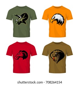 Furious eagle, horse, dinosaur and cobra sport vector logo concept set isolated on white. Street wear mascot team badge design. Premium quality wild animal emblem t-shirt tee print illustration.