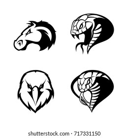 Furious eagle, horse, snake, cobra vector logo concept set isolated on white background. Street wear mascot sport team badge design. Premium quality wild animal emblem t-shirt tee print illustration.