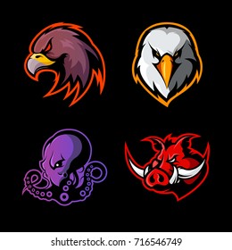 Furious eagle, octopus, boar vector logo concept set isolated on black background. Street wear mascot sport team badge design. Premium quality wild animal emblem t-shirt tee print illustration.