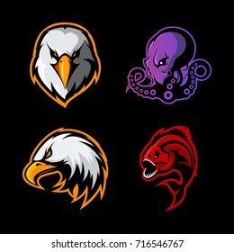 Furious eagle, octopus, piranha vector logo concept set isolated on black. Street wear mascot sport team badge design. Premium quality wild animal emblem t-shirt tee print illustration.