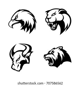 Furious eagle, panther, bull and bear sport vector logo concept set isolated on white. Street wear mascot team badge design. Premium quality wild animal emblem t-shirt tee print illustration.