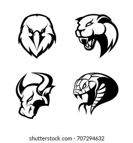 Furious eagle, panther, bull and snake sport vector logo concept set isolated on white. Street wear mascot team badge design. Premium quality wild animal emblem t-shirt tee print illustration.