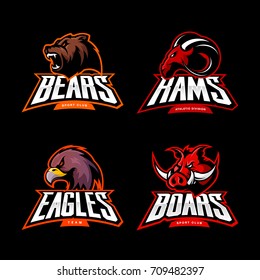 Furious eagle, ram, boar and bear sport vector logo concept set isolated on black background. Street wear mascot team badge design. Premium quality wild animal emblem t-shirt tee print illustration.