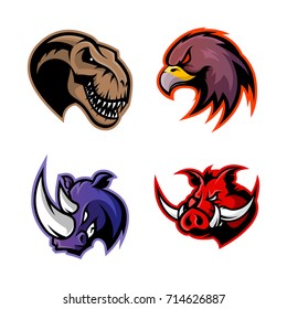Furious eagle, rhino, boar, dinosaur vector logo concept set isolated on white. Street wear mascot sport team badge design. Premium quality wild animal emblem t-shirt tee print illustration.
