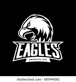 Furious eagle sport mono vector logo concept isolated on dark background. Web infographic New York Brooklyn team pictogram. Premium quality wild bird t-shirt tee print illustration.