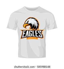 Furious eagle sport vector logo concept isolated on white t-shirt mockup. Modern web infographic New York Brooklyn team pictogram. Premium quality wild bird t-shirt tee print illustration.