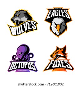 Furious eagle, wolf, octopus, fox vector logo concept set isolated on white. Street wear mascot sport team badge design. Premium quality wild animal emblem t-shirt tee print illustration.