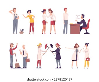 Furious employees shouting at each other set. Boss scolding incompetent workers flat vector illustration