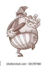 Furious fat zombie character running with baseball bat. Isolated vector image in sepia tones
