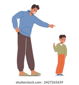 Furious Father Chastises Disobedient Son, His Stern Words Echoing Frustration. Defiant Child Resists Paternal Guidance, Refuse to Listen, Fueling The Tense Confrontation. Cartoon Vector Illustration