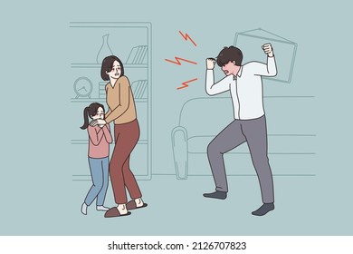 Furious father cream yell at wife and child at home. Scared terrified woman and kid frightened by angry dad shouting. Domestic violence and family problems. Flat vector illustration. 