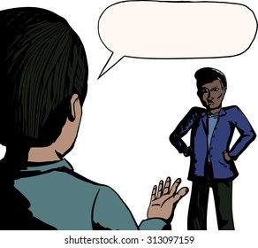 Furious father with hands on hips and teenager