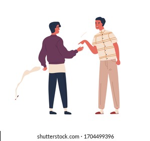 Furious Father Scold Teenager Son To Smoking Cigarette Vector Flat Illustration. Dispute Between Angry Dad And Smoker Adolescent Guy Isolated On White Background. Male Teen And Parent Conflict