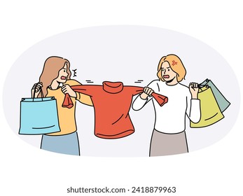 Furious female buyers fight for clothing in shop or boutique. Mad women battle for sweater in store. Shopping and consumerism. Vector illustration.