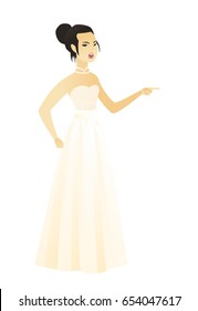 Furious fiancee screaming and pointing her finger to the right. Full length of fiancee in white dress screaming and shaking her finger. Vector flat design illustration isolated on white background.