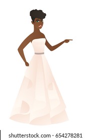 Furious fiancee screaming and pointing her finger to the right. Full length of fiancee in white dress screaming and shaking her finger. Vector flat design illustration isolated on white background.