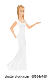 Furious fiancee screaming and pointing her finger to the right. Full length of fiancee in white dress screaming and shaking her finger. Vector flat design illustration isolated on white background.