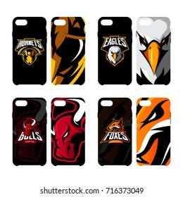 Furious fox, bull, eagle, hornet vector logo concept smart phone case set. Modern mascot sport team badge design. Premium quality wild animal emblem cell phone cover illustration.
