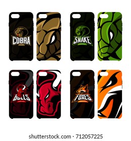 Furious fox, bull, snake, cobra vector logo concept smart phone case set. Modern mascot sport team badge design. Premium quality wild animal emblem cell phone cover illustration.