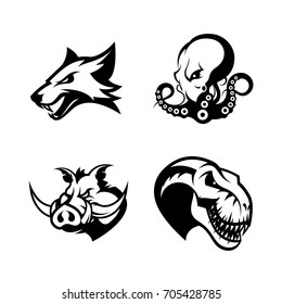 Furious fox, octopus, boar and dinosaur sport vector logo concept set isolated on white. Street wear mascot team badge design. Premium quality wild animal emblem t-shirt tee print illustration.