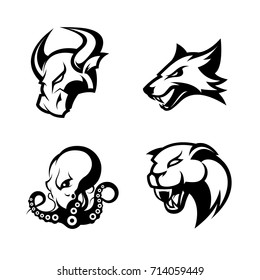 Furious fox, octopus, bull, panther vector logo concept set isolated on white. Street wear mascot sport team badge design. Premium quality wild animal emblem t-shirt tee print illustration.