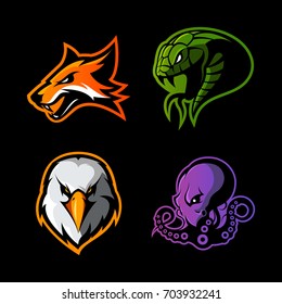 Furious fox, snake, eagle and octopus sport vector logo concept set isolated on black. Street wear mascot team badge design. Premium quality wild animal emblem t-shirt tee print illustration.