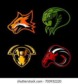 Furious fox, snake, hornet and ram sport vector logo concept set isolated on black background. Street wear mascot team badge design. Premium quality wild animal emblem t-shirt tee print illustration.