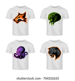 Furious fox, snake, octopus and panther sport vector logo concept set isolated on white. Street wear mascot team badge design. Premium quality wild animal emblem t-shirt tee print illustration.