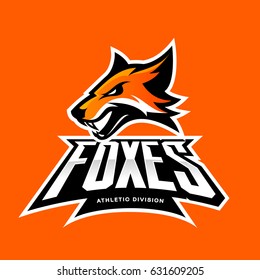 Furious fox sport club vector logo concept isolated on orange background. Modern professional team badge mascot design. Premium quality wild animal athletic division t-shirt tee print illustration.