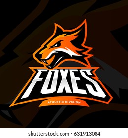 Furious fox sport club vector logo concept isolated on black background. Modern professional team badge mascot design. Premium quality wild animal athletic division t-shirt tee print illustration.