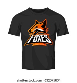 Furious fox sport club vector logo concept isolated on black t-shirt mockup. Modern professional team badge mascot design. Premium quality wild animal athletic division t-shirt tee print illustration.