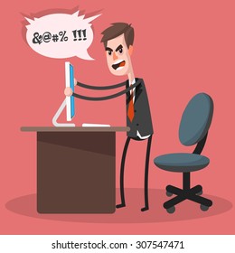 Furious frustrated businessman hitting the computer. Cartoon character. Illustration in the style of the material design.