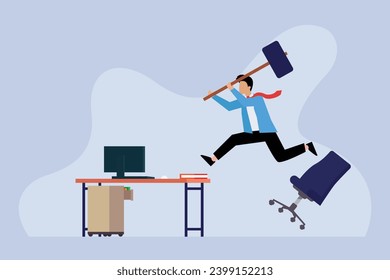 Furious frustrated businessman jumping out a chair hitting the computer with a hammer