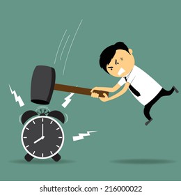 Furious frustrated cartoon businessman hitting the alarm clock. vector illustration