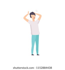 Furious frustrated man holding his head, emotional guy feeling anger vector Illustration on a white background