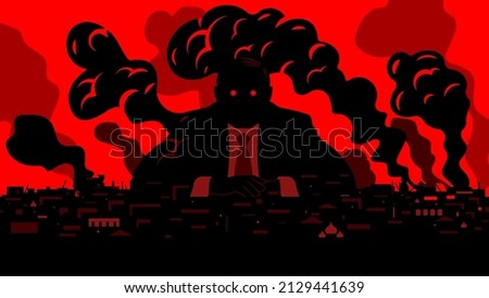 Furious giant unrecognizable person under small city. Tyrant with flaming eyes. Burning ruins of destroyed after war buildings in city. Concept of attack, invasion, Intervention. Vector illustration