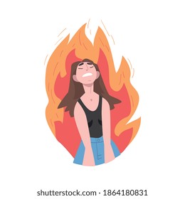 Furious Girl in Flame, Burning Fury, Stress, Burnout, Emotional Problems Concept Cartoon Style Vector Illustration