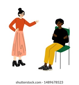 Furious Girl Quarreling with Young Man Who Sitting on Chair, Disagreement in Relationship, Negative Emotions Vector Illustration